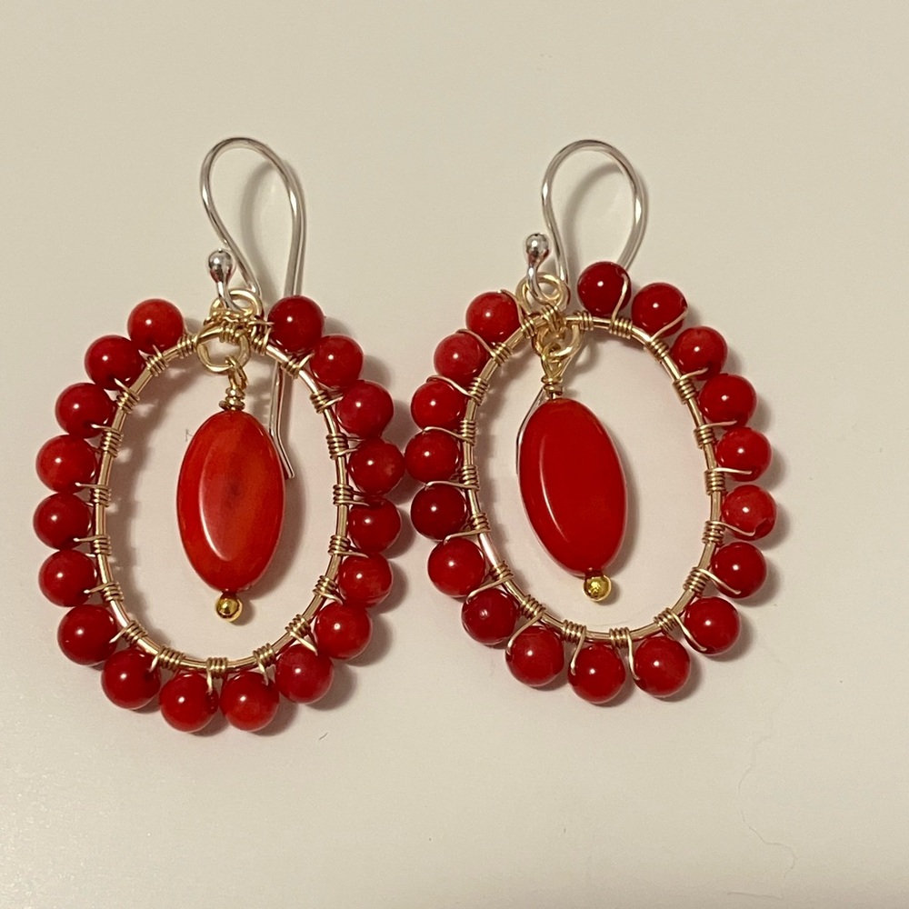 Hand Crafted Earrings copper sterling silver Wrapped red coral